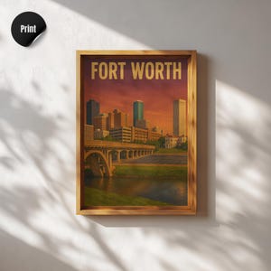Fort Worth Poster, Retro Fort Worth Wall Art, Fort Worth Skyline Travel Print, Vintage Texas Decor