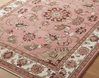 Alfombra oriental rosa, alfombra turca de estilo floral vintage, alfombra de diseño persa tradicional.