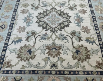 Hand Knotted Wool Area Rug 8x10 Beige Blue Floral Vintage Persian Living Room Carpet