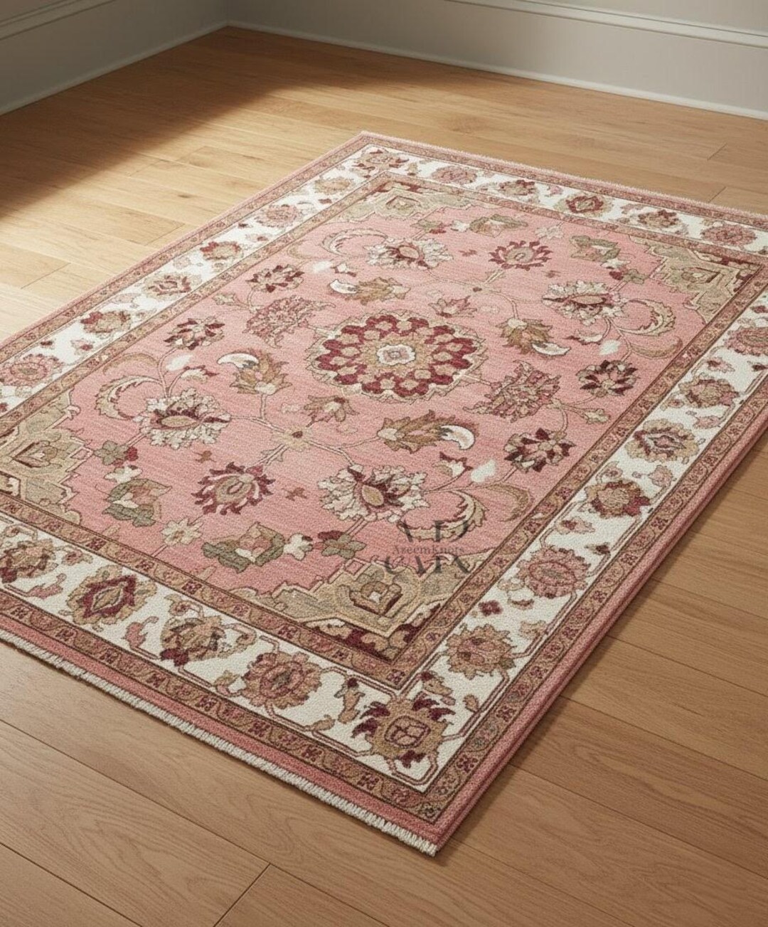 Pink Oriental Area Rug, Vintage Floral Turkish Style Carpet — free download