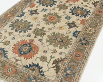 Handmade Knotted Oushak Rug Vintage Turkish Floral Beige Wool Area Rug Living Room