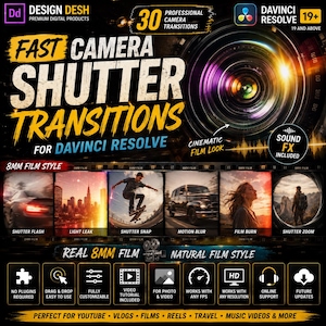 May include: A digital product package for DaVinci Resolve featuring 30 professional camera transitions with 8mm film style effects. The graphic displays text including Fast Camera Shutter Transitions, Sound FX Included, and Real 8mm Film.