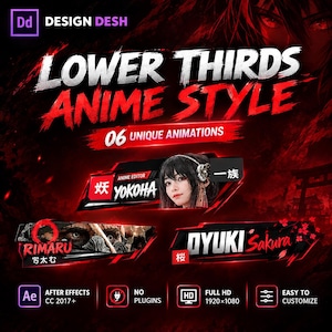 Może przedstawiać: Cyfrowy szablon graficzny dla dolnych pasków w stylu anime z czerwono-czarną kolorystyką. Tekst zawiera DESIGN DESH, LOWER THIRDS ANIME STYLE, 06 UNIQUE ANIMATIONS, YOKOHA, RIMARU, OYUKI SAKURA, AFTER EFFECTS CC 2017+ oraz FULL HD 1920x1080.