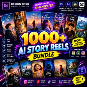Puede incluir: Un paquete de productos digitales con más de 1000 story reels generados por IA para redes sociales. El gráfico muestra varias miniaturas de video verticales con texto inspirador e iconos de software para Premiere Pro, After Effects, DaVinci Resolve y CapCut.