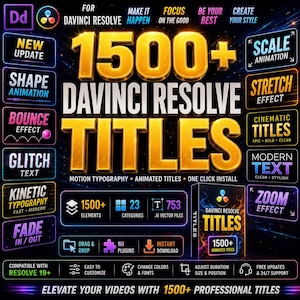 Peut inclure: Un pack de produits numériques pour DaVinci Resolve comprenant plus de 1500 titres animés, typographie animée et divers effets. Le graphique affiche des étiquettes textuelles comme New Update, Scale Animation et Glitch Text sur fond sombre.