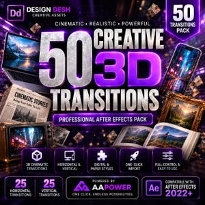 Può includere: Un pacchetto di risorse digitali intitolato 50 Creative 3D Transitions con un tema viola e nero. La grafica mostra vari elementi multimediali come un computer portatile, un giornale, un televisore vintage e un libro.