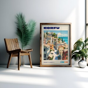 May include: A rectangular framed wall art print featuring a travel poster of Corfu, Greece. The illustration depicts a coastal town with multi-colored buildings, a blue sea, and the text CORFU at the top with coordinates 39.6243 N, 19.9217 E.