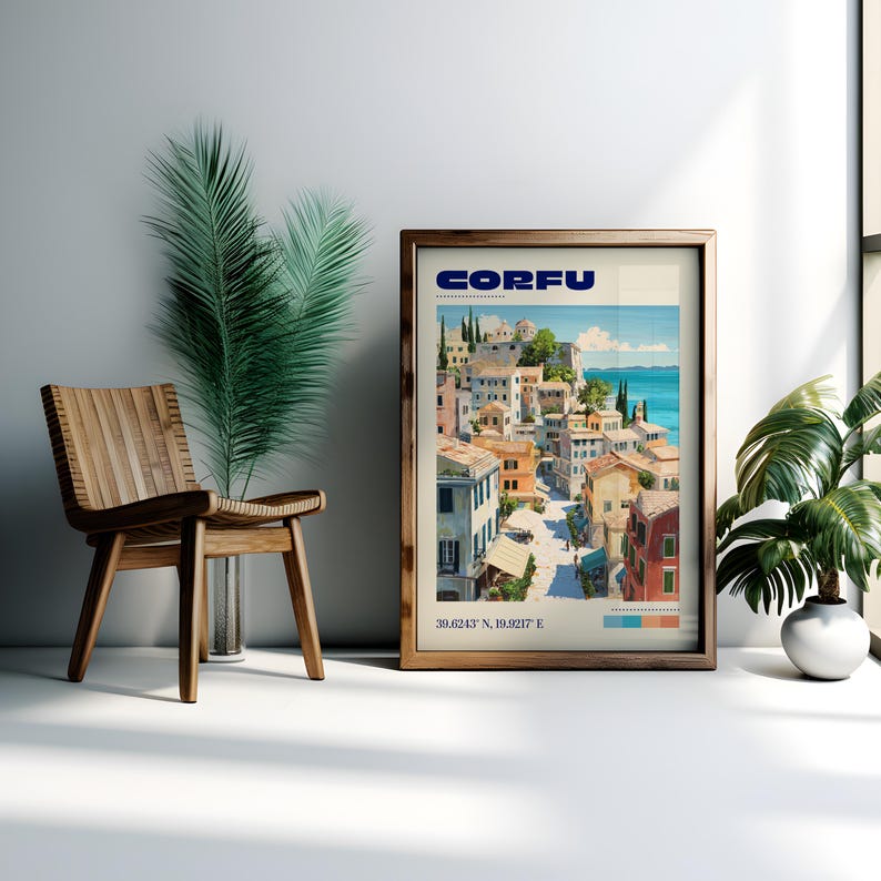 May include: A rectangular framed wall art print featuring a travel poster of Corfu, Greece. The illustration depicts a coastal town with multi-colored buildings, a blue sea, and the text CORFU at the top with coordinates 39.6243 N, 19.9217 E.