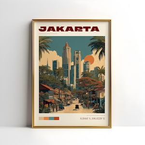 May include: A framed art print depicting Jakarta in a vintage style. The illustration shows a street scene with palm trees, buildings, and the text "JAKARTA" in red. The print is presented in a gold-colored frame.