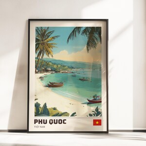 May include: Framed art print of Phu Quoc, Vietnam. The artwork shows a tropical beach scene with boats on turquoise water, palm trees, and a sandy shore. The text "PHU QUOC" and "VIET NAM" is displayed at the bottom, along with the Vietnamese flag.