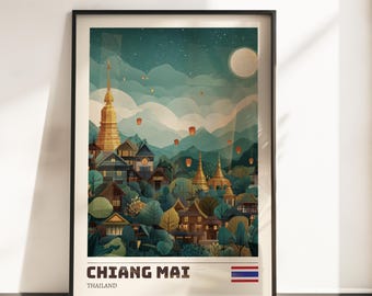 Chiang Mai Wall Art Print | Vintage Travel Poster | Chiang Mai Poster | Thailand Decor | Travel Art Gift | Retro Poster | Christmas Gift