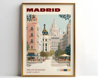 Lámina decorativa de Madrid / Póster de viaje vintage / Impresión de viaje a Madrid / Decoración para el hogar en España / Regalo de arte de viajes a España / Regalo de Navidad