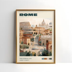 May include: A framed art print featuring a watercolor illustration of Rome, Italy. The print includes the text "ROME" at the top and "THE ETERNAL CITY" at the bottom, along with coordinates. The artwork showcases iconic landmarks in warm tones.