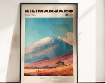 Kilimanjaro Travel Poster | Vintage Travel Print | Mount Kilimanjaro Wall Art | Africa Home Decor | Gift For Traveller | Tanzania Print