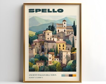 Plakat ścienny Spello | Plakat podróżniczy w stylu vintage | Plakat Spello | Wystrój wnętrz we Włoszech | Prezent artystyczny z podróży | Plakat podróżniczy w stylu retro | Prezent świąteczny