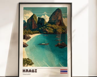 Krabi Wall Art Print | Vintage Travel Poster | Krabi Poster | Thailand Home Decor | Travel Art Gift | Retro Poster | Christmas Gift