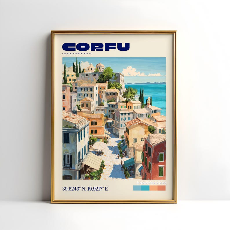May include: A framed travel poster print of Corfu featuring a coastal town with multi-colored buildings, a blue sea, and a clear sky. The text CORFU is at the top, and the coordinates 39.6243 N, 19.9217 E are at the bottom with a color palette.