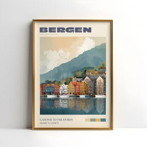 May include: Framed art print featuring a watercolor illustration of Bergen, Norway. The image shows colorful buildings along a waterfront, with sailboats and a mountain in the background. Text at the top reads "BERGEN" and at the bottom "GATEWAY TO THE FJORDS".