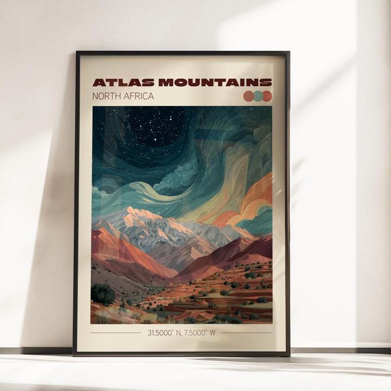 May include: Framed art print featuring a stylized landscape of the Atlas Mountains in North Africa. The artwork showcases a vibrant sky with swirling colors and a starry night. The mountains are depicted in shades of red, orange, and white, with the coordinates 31.5000&deg; N, 7.5000&deg; W.