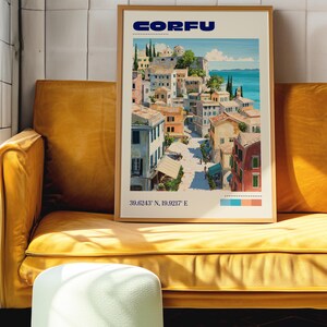 May include: A framed travel poster featuring a colorful illustration of the coastal town of Corfu, Greece. The print displays the text CORFU at the top and the coordinates 39.6243&deg; N, 19.9217&deg; E at the bottom, alongside a small color palette.