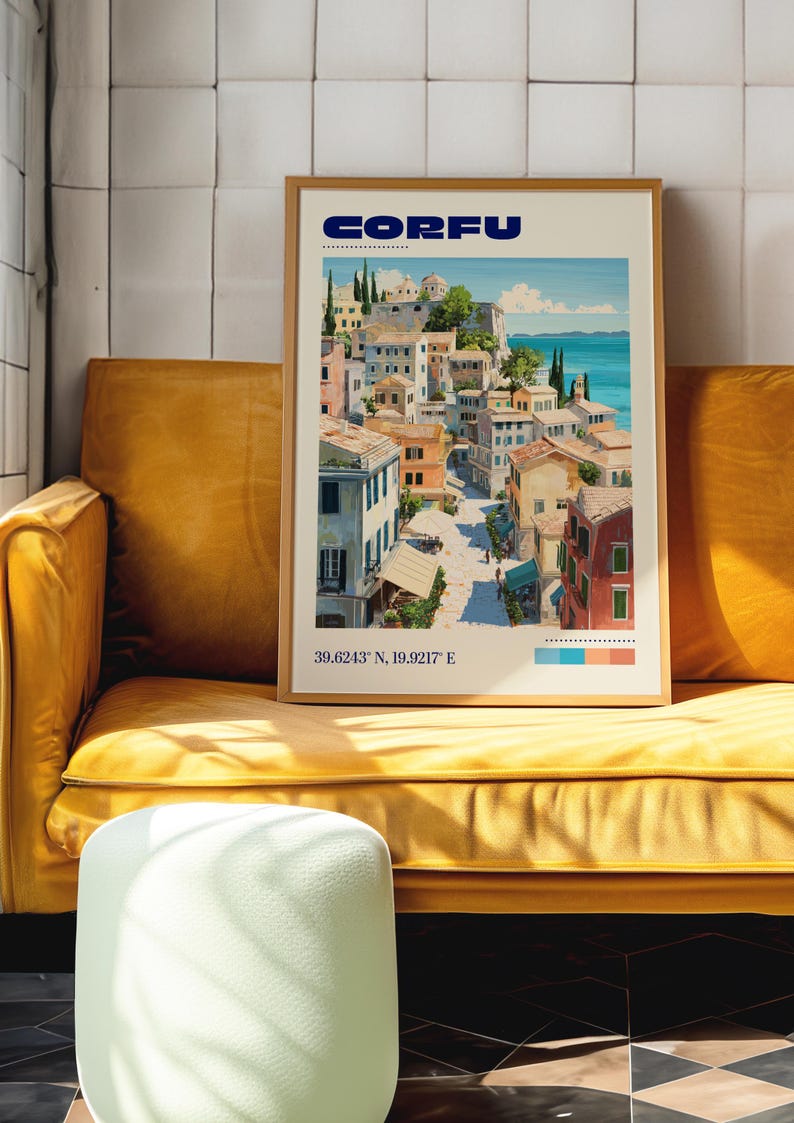 May include: A framed travel poster featuring a colorful illustration of the coastal town of Corfu, Greece. The print displays the text CORFU at the top and the coordinates 39.6243&deg; N, 19.9217&deg; E at the bottom, alongside a small color palette.