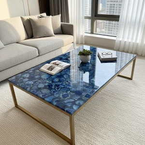 Tablero de ágata azul hecho a mano / Mesa de cocina / Mesa de bar - Con patas de hierro modernas