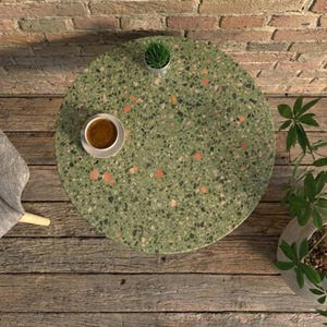 Green Terrazzo Side Table | Round Coffee Table for Living Room | Mid Century Modern End Table | Outdoor Patio Table, Unique Plant Stand