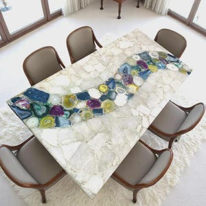 Custom White Quartz Dining Table with Colorful Agate River, Geode Agate Table, Crystal Mosaic Kitchen Table with Modern Metal Legs.