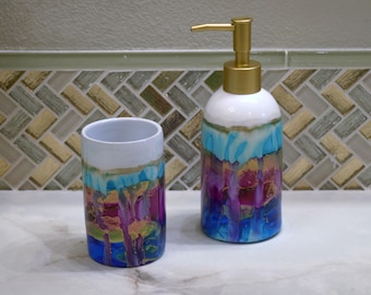 Hand painted bathroom vanity set in teal, mauve, blue, gold.
