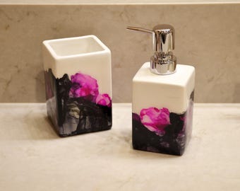 Hand painted square bath vanity set in black, white and magenta.