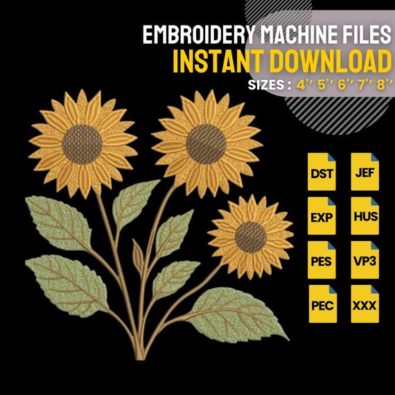 Sunflower Embroidery Design | Floral Machine Embroidery File | Botanical Flower Stitch | Instant Download