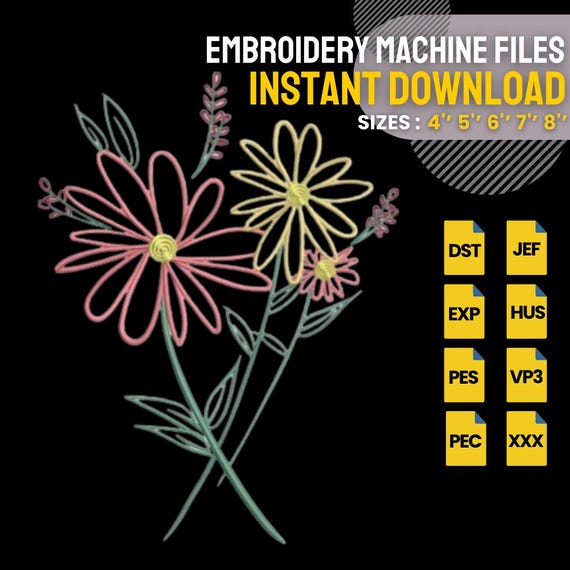 Minimal Floral Embroidery Design | Line Art Flower Machine Embroidery File | Modern Botanical Stitch | Instant Download