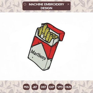Op de afbeelding: Een machineborduurontwerp met een rood en wit sigarettenpakje met de tekst Marlboro op de voorzijde. Het pakje is aan de bovenkant geopend en toont verschillende sigaretten met gele filters aan de binnenkant, uitgevoerd in grafische stijl.