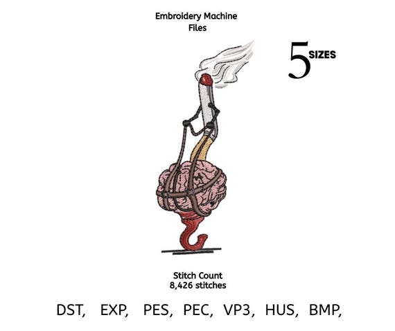 Brain Matchstick Embroidery Design | Dark Humor Machine Embroidery File | Edgy Art Pattern | 5 Sizes | DST PES EXP VP3