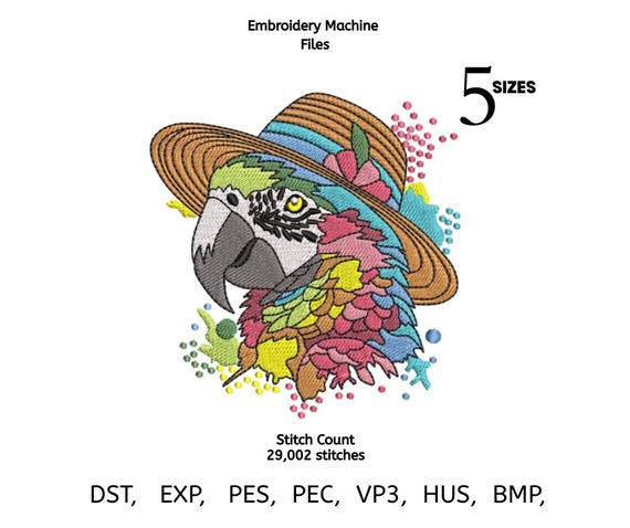 Colorful Parrot Embroidery Design | Tropical Bird Machine Embroidery File | Summer Hat Animal Pattern | 5 Sizes | DST PES EXP VP3