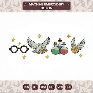 May include: A machine embroidery design featuring black round glasses, a white owl carrying an envelope, three glass potion bottles with green, blue, and red liquids, and a golden winged ball, all surrounded by small yellow stars and lightning bolts.