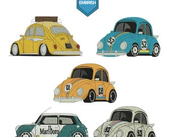Vintage Cars Embroidery Files | Retro Beetle Racing Car Embroidery Design Bundle  (Instant Download)