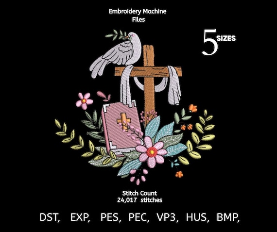 Christian Cross Embroidery Design | Bible Dove Floral Machine Embroidery File | Easter Faith Pattern | 5 Sizes | DST PES EXP VP3