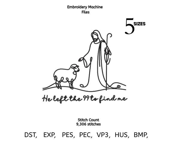 Jesus and Sheep Line Art Embroidery Design – Christian Faith (Digital File)
