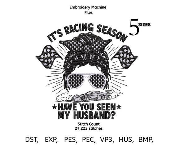 Racing Season Embroidery Design | Checkered Flag Mom Life Stitch File | Race Car Embroidery | 5 Sizes | DST PES EXP VP3