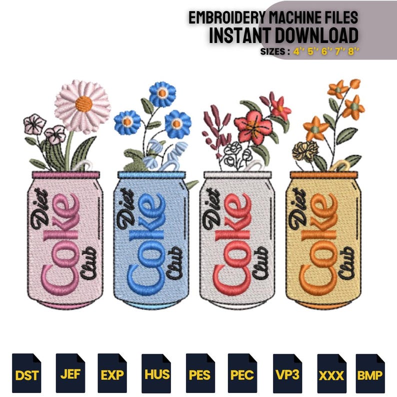 Floral Soda Can Embroidery Design – Diet Coke Club, Cottagecore (PES DST EXP ) Instant Download image 1