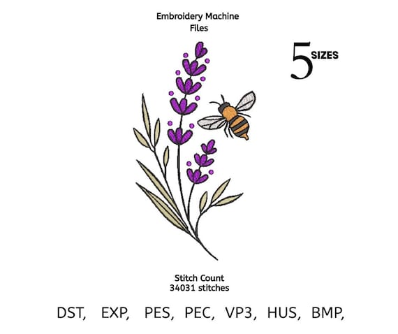 Lavender Flower with Bee Embroidery Design | Floral Machine Embroidery File | Botanical Nature Pattern | DST PES EXP
