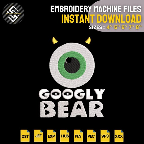 Googly Bear Embroidery Design | Cute Monster Eye Machine Embroidery File | Funny Kids Pattern | 5 Sizes | DST PES EXP VP3