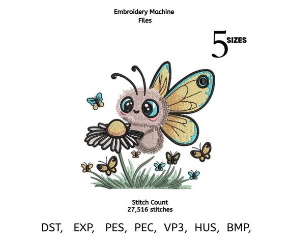 Cute Butterfly Embroidery Design | Baby Insect Digital Embroidery | Cartoon Bug Machine Embroidery File | Instant Download