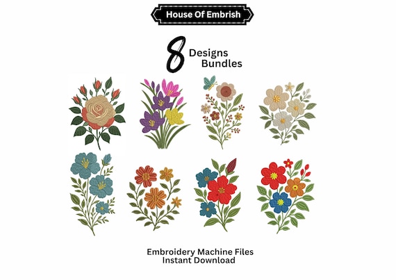 8 Flower Pack Embroidery Designs | Botanical Embroidery Patterns | Each 5 Size’s | DST EXP PES VP3 | Instant Download