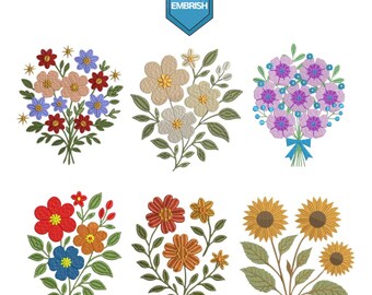 Floral Bouquet Embroidery Bundle, Wildflower Sunflower Flower Arrangement Embroidery Design, PES DST EXP, Instant Download