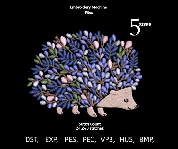 Floral Hedgehog Embroidery Design | Cute Animal Machine Embroidery File | Woodland Animal Pattern | 5 Sizes | DST PES EXP VP3
