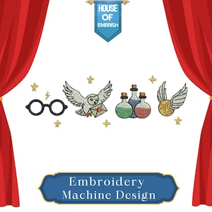 Puede incluir: Diseño de bordado a máquina con elementos icónicos: gafas redondas negras, búho con carta, botellas de pociones y snitch dorado. El diseño incluye estrellas doradas y el texto "Embroidery Machine Design". Fondo blanco con cortinas rojas.