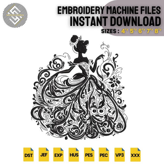 Princess Dress Embroidery Design | Elegant Cinderella Style Gown | Machine Embroidery File DST PES | Instant Download