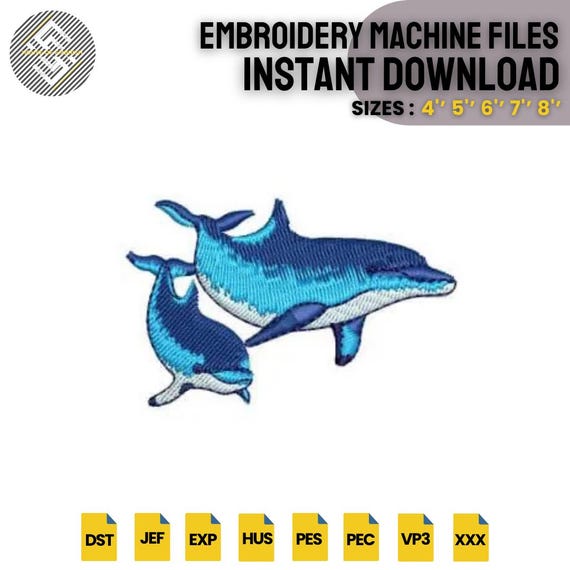 Dolphin Embroidery Design | Mother & Baby Ocean Animal Machine Embroidery File | Marine Life Pattern | 5 Sizes | DST PES EXP VP3